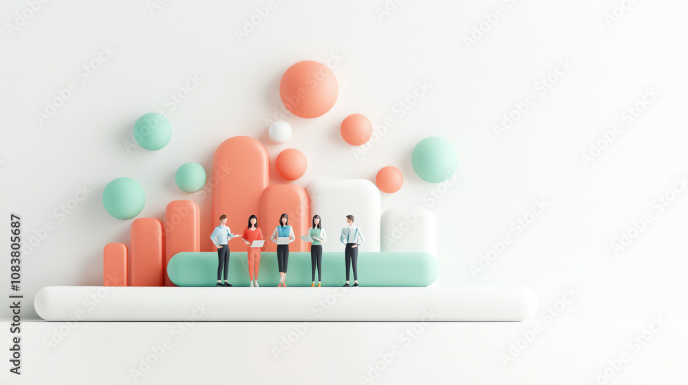 Poster diverse business team collaborating in modern workspace with colorful geometric shapes. atmosphere i
