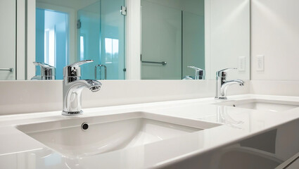 Fototapeta premium Modern bathroom with sparkling clean sink and mirror, showcasing hygiene and cleanliness. sleek design emphasizes fresh and inviting atmosphere