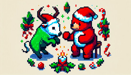 Illustration against light background with space for text, pixel art style 