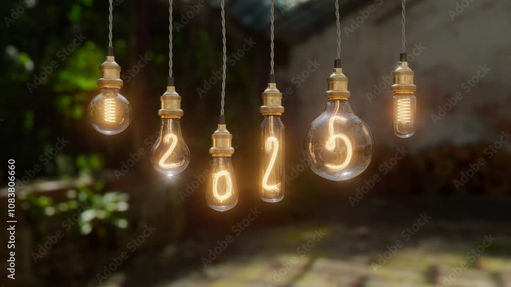 Poster light bulb new year video background. edison light bulb. 2025 year. 3d rendering not ai