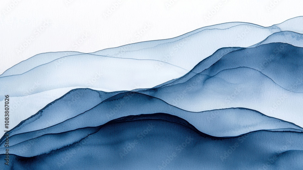 Poster serene abstract landscape of flowing dark ink on wet paper blending harmoniously, capturing the tran