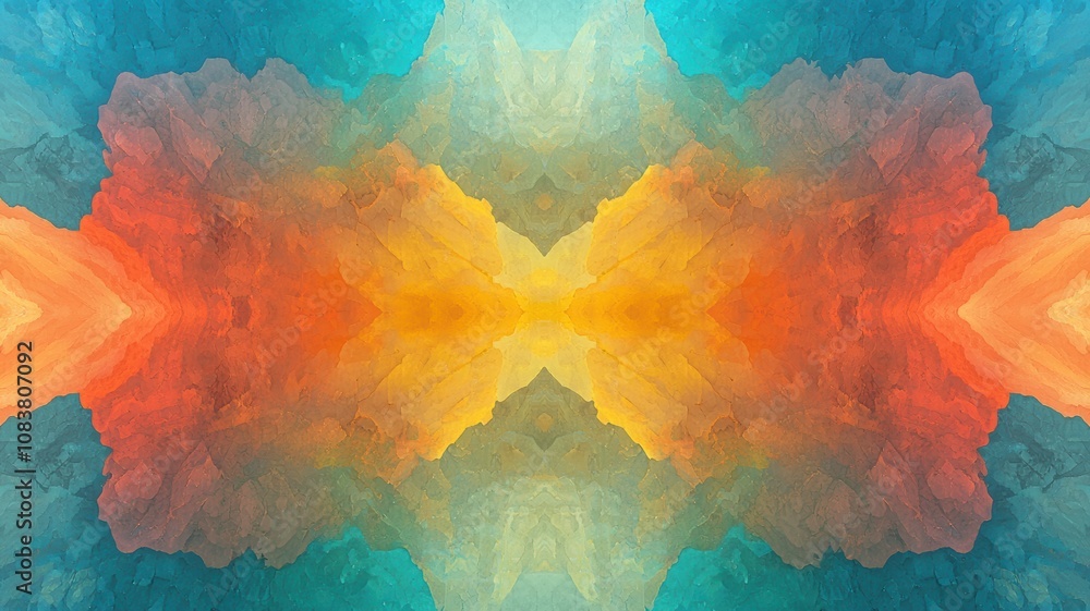 Poster vibrant abstract fractal patterns evolving with intricate designs in a colorful blend of orange, yel