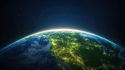 Obraz premium Stunning View of Earth’s Surface with Intricate Green Circuits Glowing in the Dark Against a Cosmic Background, Featuring a Beautifully Illuminated Landscape