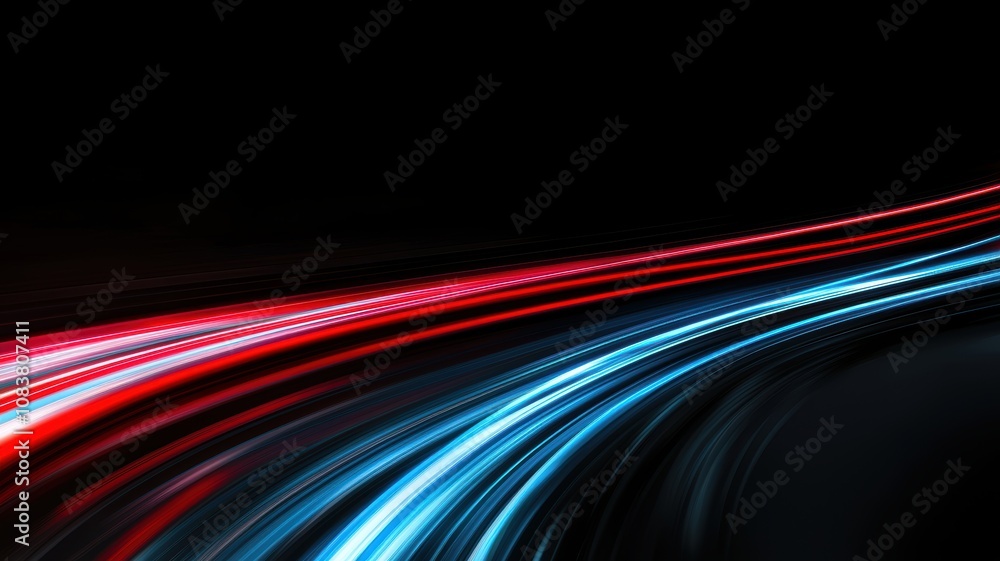 Poster shiny black surfaces with intersecting glowing red and blue light trails creating a dynamic and high