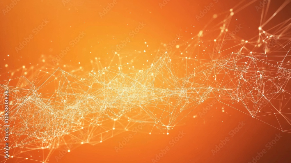 Poster a bright orange background with a cool, geometric design. it's made up of lines, dots, and shapes, w