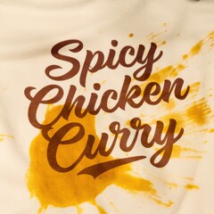 Creative Food Typography: Spicy Chicken Curry with Bold Colors and Artistic Spills for Culinary Promotions