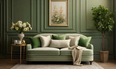 Fototapeta premium Sage Green Velvet Sofa in Classic Interior Gold Side Table Floral Arrangement