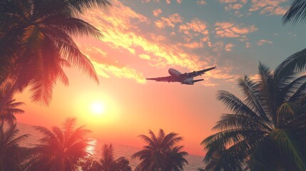 A plane is flying over a tropical beach at sunset