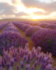 Obraz premium A stunning lavender field at sunset, featuring vibrant purple blooms stretching toward the horizon, with a soft golden light illuminating the scene.