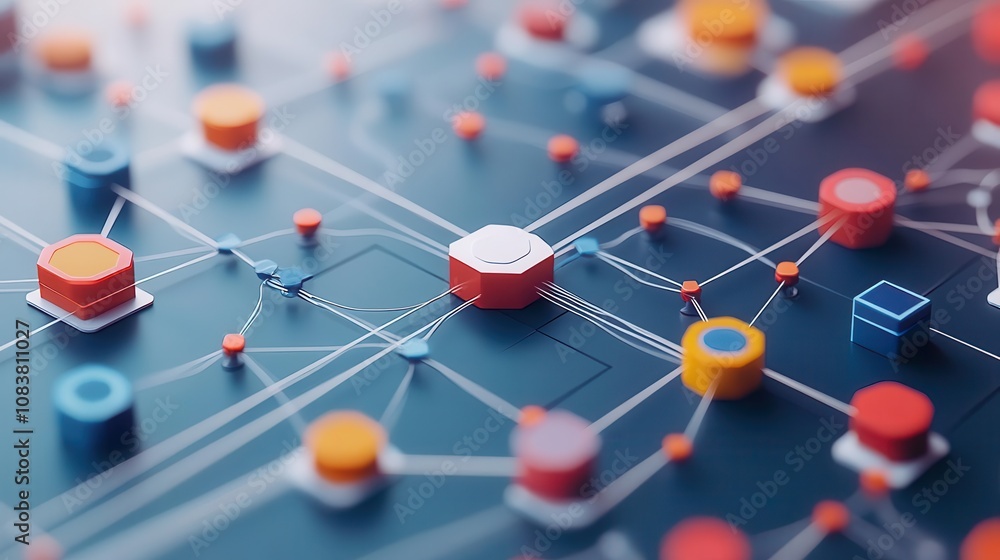 Poster a vibrant digital network illustration featuring interconnected nodes with varying colors, represent