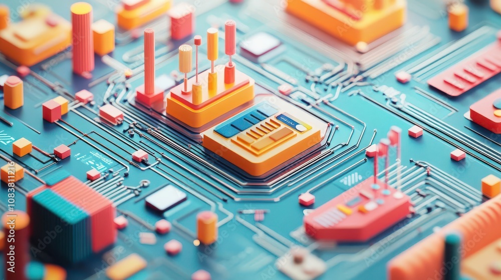 Poster a vibrant close-up of a circuit board, showcasing colorful components and intricate pathways, emphas