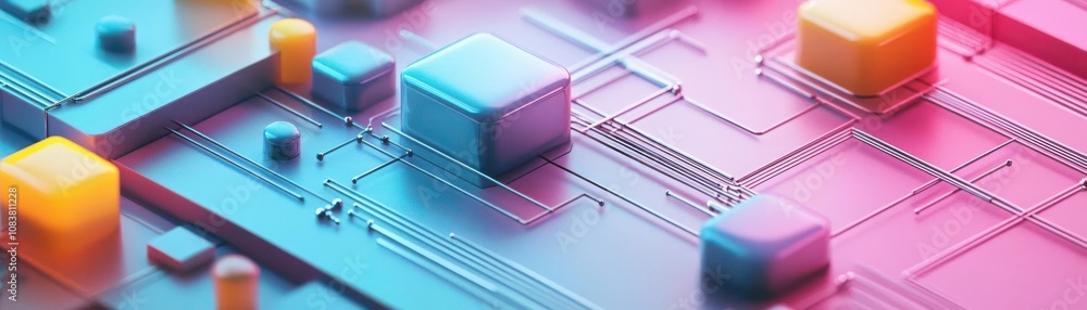 Poster a colorful, abstract representation of digital circuits with cubes, emphasizing technology and moder