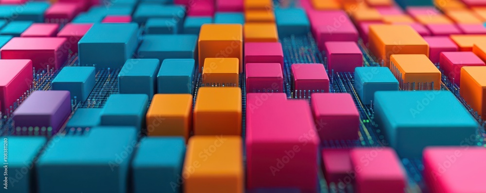 Poster a vibrant abstract composition featuring colorful 3d blocks, arranged in a grid pattern, showcasing 