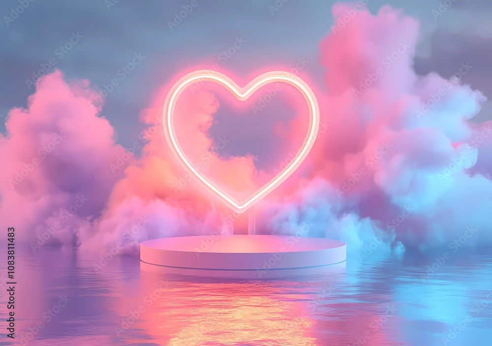 Poster 3D rendering of a podium with a heart-shaped neon light frame and a pastel-colored smoke cloud on a water background for product display presentation, mock-up template design,