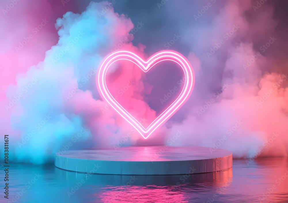 Poster 3D rendering of a podium with a heart-shaped neon light frame on a water background with pastel blue and pink color smoke clouds for a product display presentation mockup