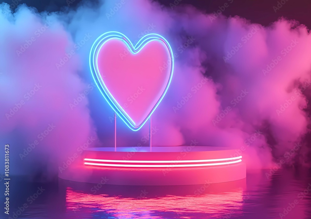 Poster 3d rendering of a podium with a heart-shaped neon light frame on a water background with pastel blue