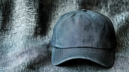 A gray denim cap displayed against a rugged, shadowed backdrop, highlighting its soft texture and relaxed style.

