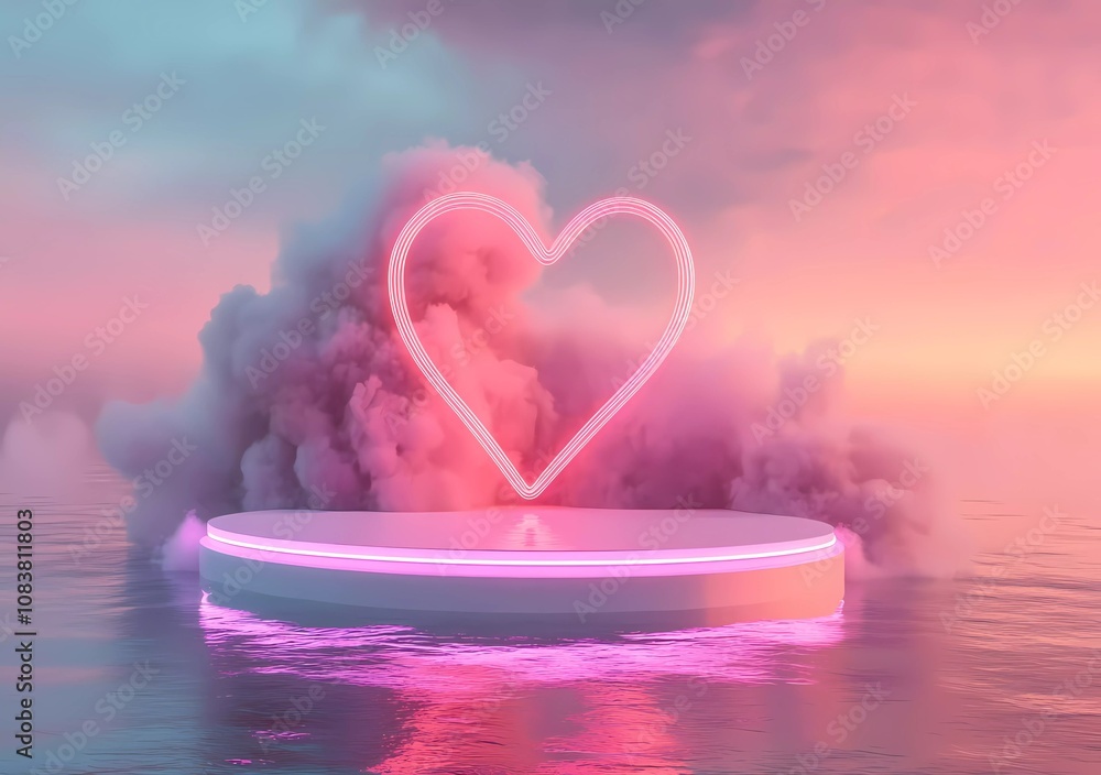 Poster 3D rendering of a podium with a heart-shaped neon light frame on a water background with pastel blue and pink color smoke clouds for a product display presentation mockup