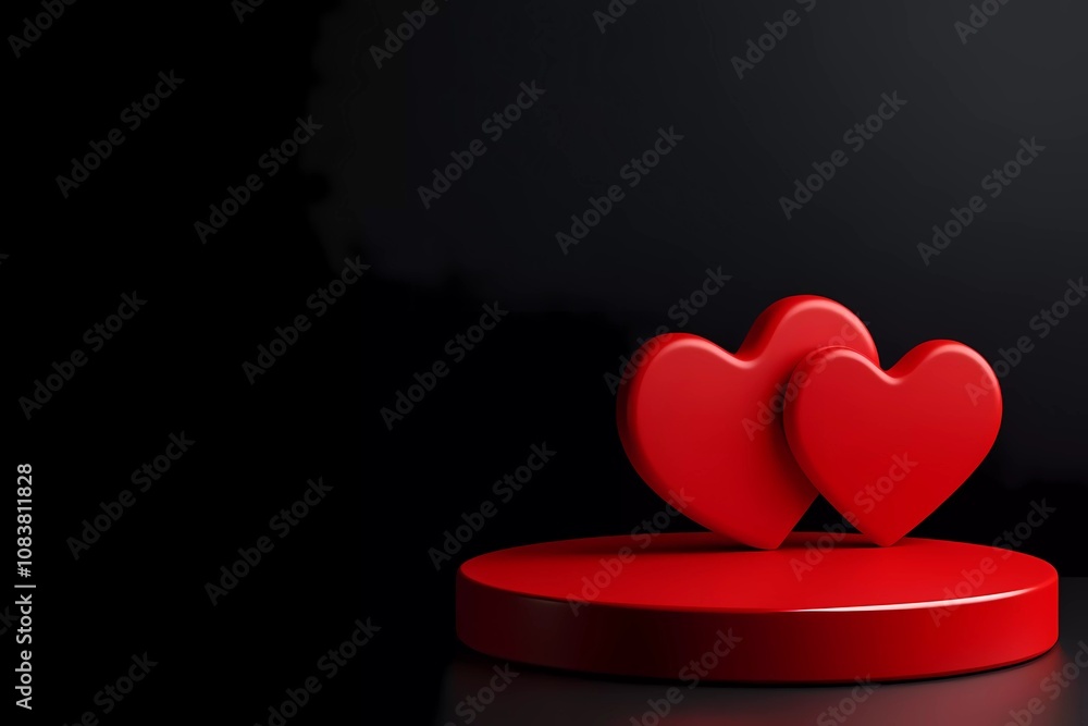 Poster 3d rendering of a red podium pedestal with heart shapes on a black background for product presentati