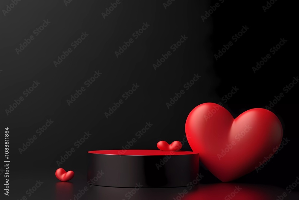Poster 3d rendering of a valentine's day background with a podium and a red heart shape on a black backgrou