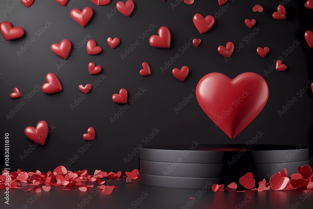 Poster 3d rendering of a valentine's day background with a podium and a red heart shape on a black backgrou