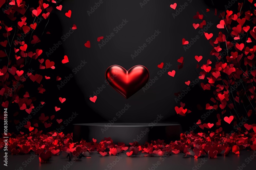 Poster 3d rendering of a valentine's day background with a podium and a red heart shape on a black backgrou