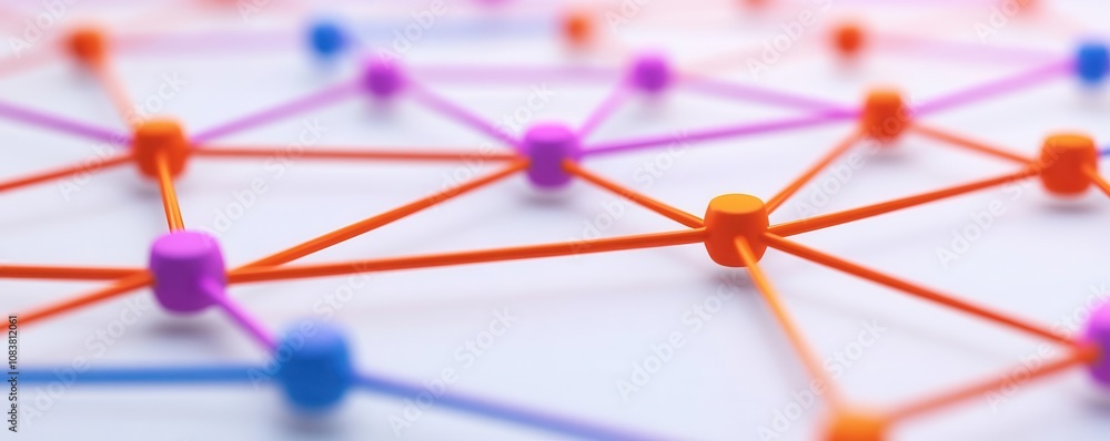 Poster a close-up view of a colorful network of interconnected nodes, with vibrant lines forming a complex 