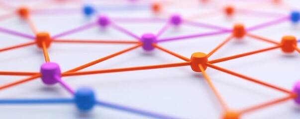 A close-up view of a colorful network of interconnected nodes, with vibrant lines forming a complex web, symbolizing connectivity and collaboration.