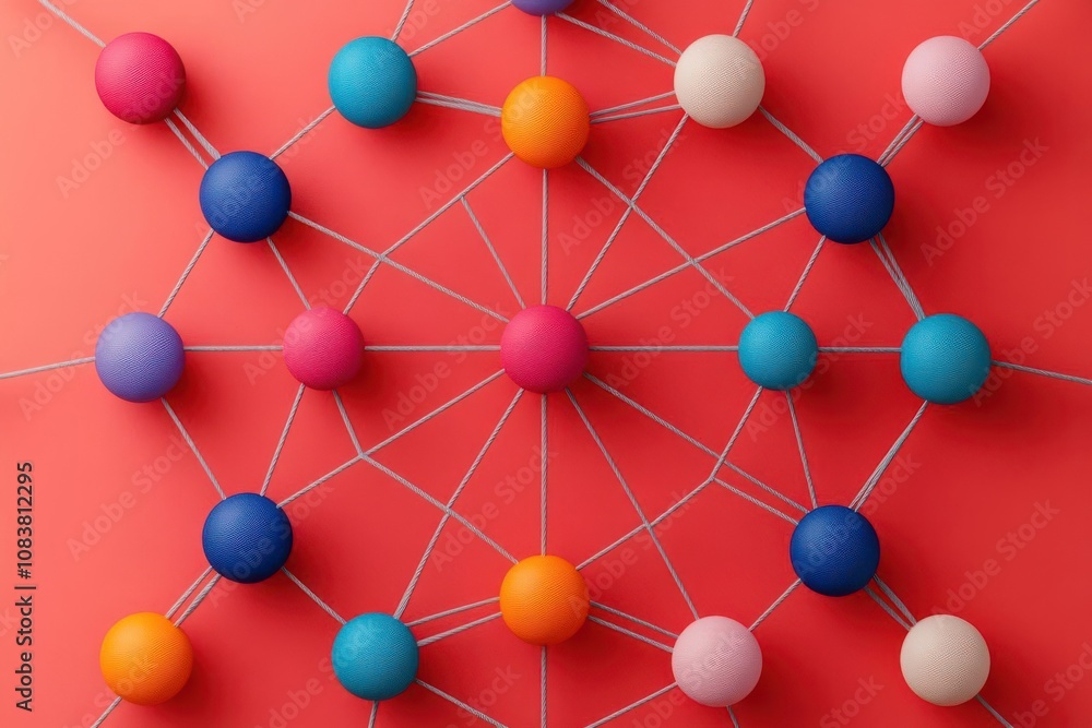Poster a vibrant network of colorful spheres interconnected by threads on a red background, symbolizing col