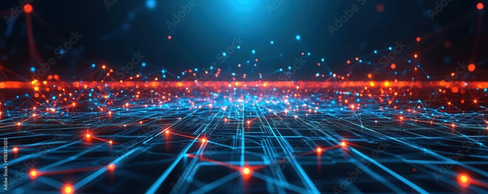Poster a digital landscape featuring glowing blue lines and particles, creating an abstract representation 