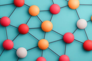 Fototapeta premium A colorful network of interconnected spheres on a turquoise background, symbolizing connections and relationships.
