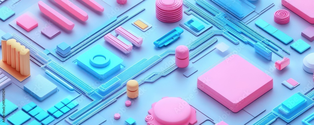Poster a colorful, abstract digital landscape featuring geometric shapes and circuit-like patterns in vibra