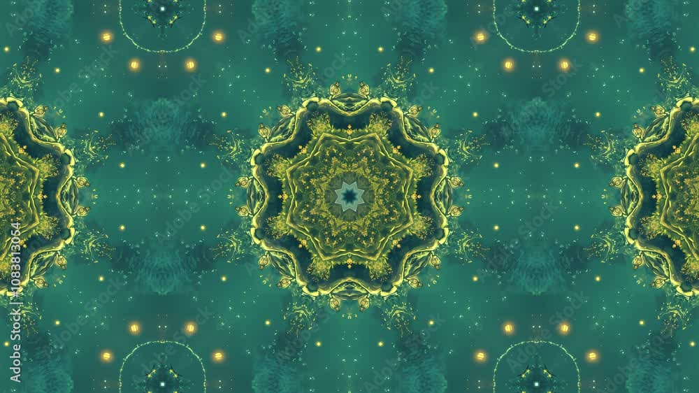 Poster a vibrant kaleidoscopic pattern with intricate shapes and colors.