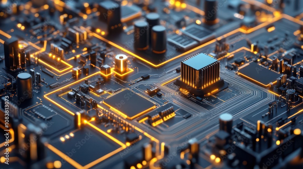 Poster a close-up view of a circuit board featuring intricate designs, glowing components, and microchips, 