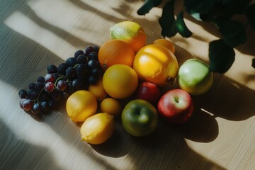 Fresh fruit assortment creating vibrant and healthy still life on wooden table