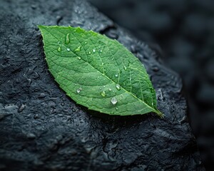 A minimalist image of a single, green leaf with dewdrops on a dark, wet stone