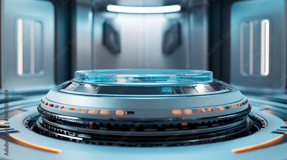 Poster a futuristic spaceship lab with an empty platform for a cyberpunk product launch. this 3d illustrati