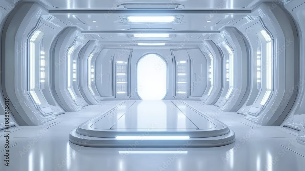 Poster a futuristic spaceship lab with an empty platform for a cyberpunk product launch. this 3d illustrati
