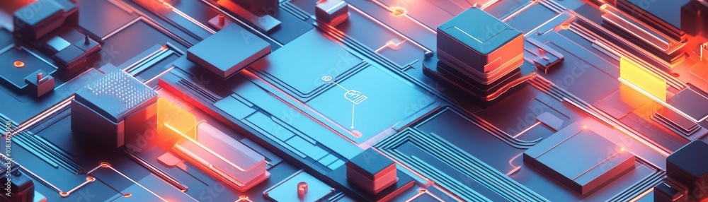 Poster a vibrant, abstract representation of a digital circuit board, showcasing glowing components and int