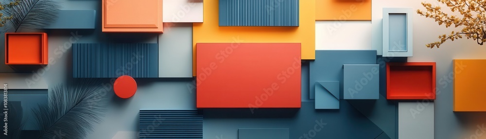 Poster a vibrant abstract composition featuring colorful geometric shapes arranged in a modern style agains