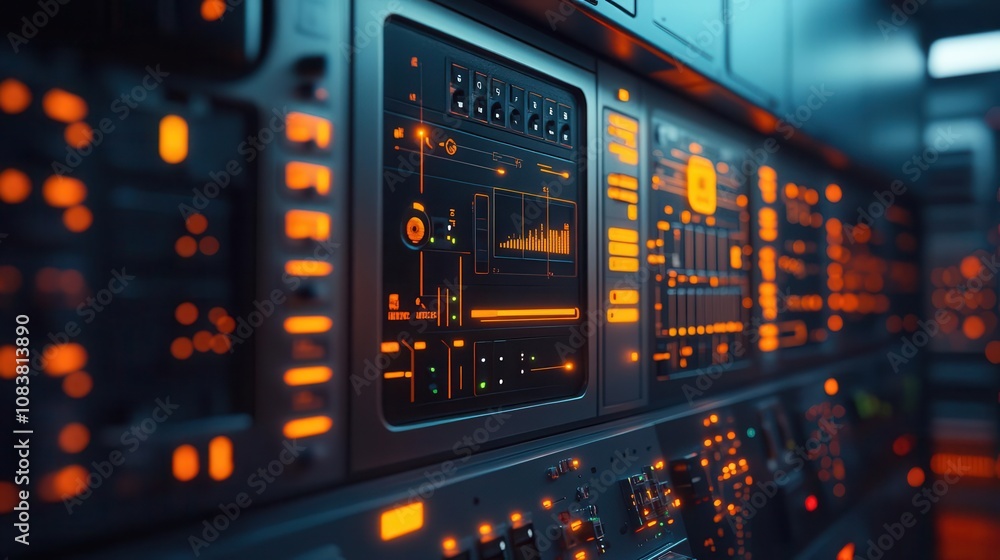 Poster a close-up view of a futuristic control panel with glowing orange indicators and intricate technolog