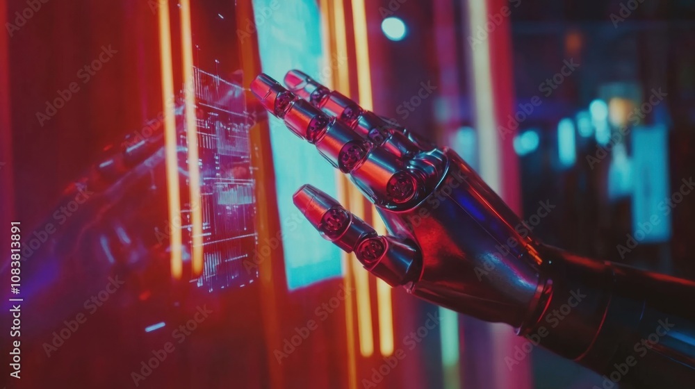Aufkleber futuristic robotic hand interacting with holographic interface in neon environment, exploring the in
