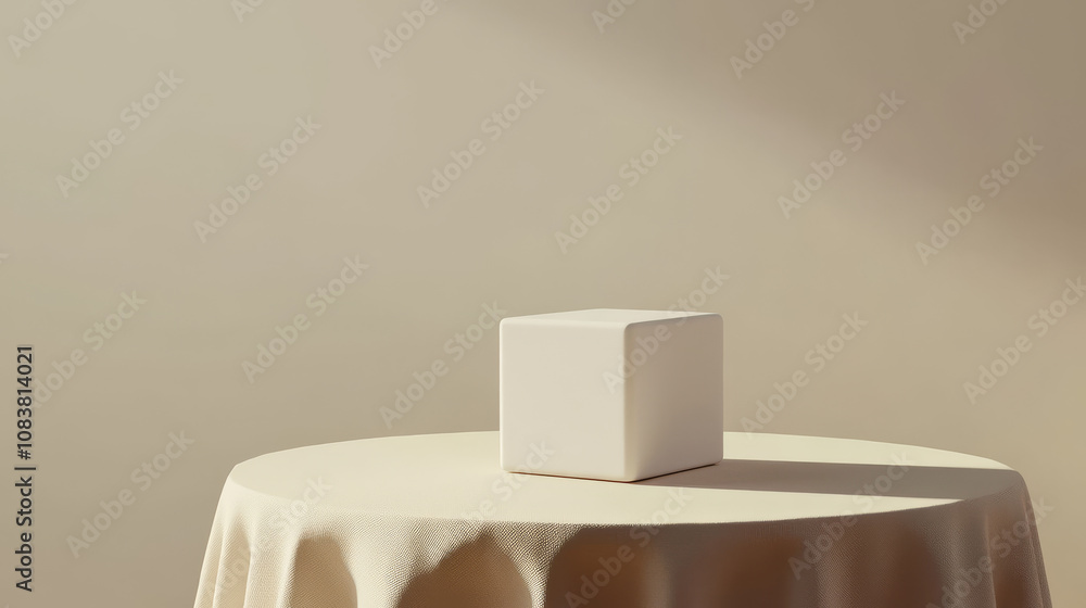 Poster a simple white cube sits on a table against a plain background. this is a 3d image that could be use