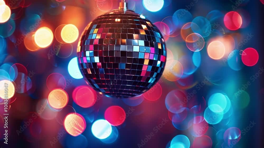 Poster a blurred disco ball sending glimmering lights throughout the room creating a party hub for the crow