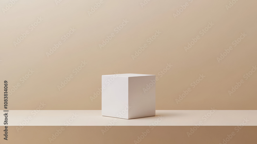 Poster a simple white cube sits on a table against a plain background. this is a 3d image that could be use