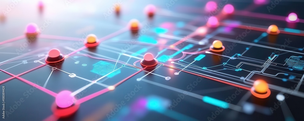 Poster a vibrant digital network visualization showcasing interconnected data points and pathways.