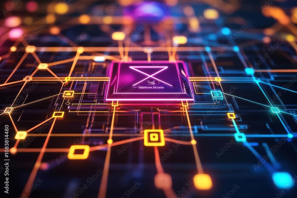 Poster a vibrant circuit board with colorful digital connections, showcasing a central processor and intric