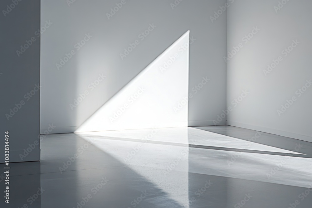 Poster a minimalist interior with light creating a triangular shadow on a white wall and floor.