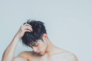 髪を触る男性、ヘアケア、美容
