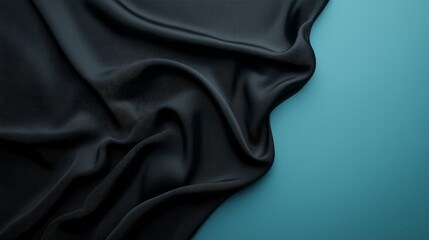Fototapeta premium A rich, textured black fabric drapes elegantly over a teal surface, creating a contrast between dark and vibrant tones.